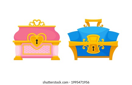 Gold Casket or Jewelry Box as Decorated Small Container Vector Set