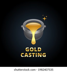 Gold casting logo. Cast iron ladle and fused gold, copper 