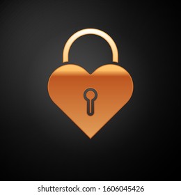 Gold Castle in the shape of a heart icon isolated on black background. Locked Heart. Love symbol and keyhole sign.  Vector Illustration