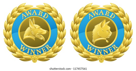 Gold cat and dog pet competition winners medals illustrations. Could be for winning pet in pet show or agility competition or for pet product winning in its category in a review or test.