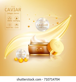 Gold Caviar Collagen Serum and Vitamin Background Vector for Skin Care Products.