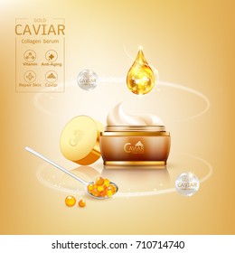 Gold Caviar Collagen Serum and Vitamin Background Vector for Skin Care Products.