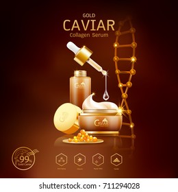 Gold Caviar Collagen Serum and Vitamin Background Vector for Skin Care Products.