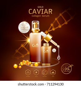 Gold Caviar Collagen Serum and Vitamin Background Vector for Skin Care Products.