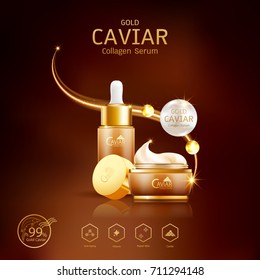 Gold Caviar Collagen Serum and Vitamin Background Vector for Skin Care Products.
