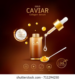 Gold Caviar Collagen Serum and Vitamin Background Vector for Skin Care Products.