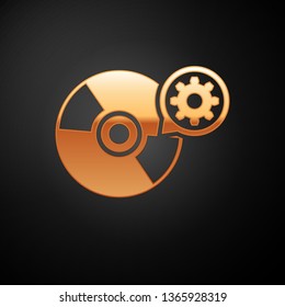 Gold CD or DVD disk and gear icon isolated on black background. Adjusting app, service concept, setting options, maintenance, repair, fixing. Vector Illustration
