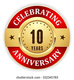 Gold celebrating 10 years, anniversary badge with red border