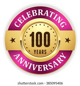Gold celebrating 100 years, anniversary badge with purple border