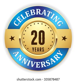 Gold celebrating 20 years, anniversary badge with blue border
