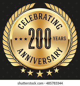Gold celebrating 200 years badge, button on black background