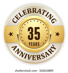 Gold Celebrating 35 Years, Anniversary Badge With White Border