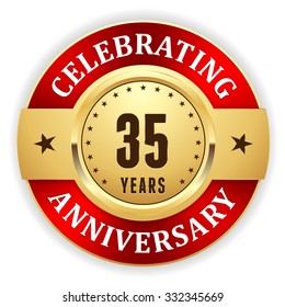 Gold Celebrating 35 Years, Anniversary Badge With Red Border