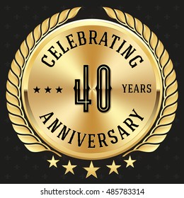 Gold celebrating 40 years badge, button on black background
