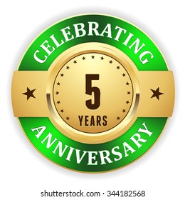Gold celebrating 5 years, anniversary badge with green border