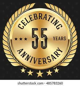 Gold celebrating 55 years badge, button on black background