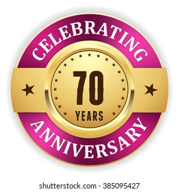 Gold celebrating 70 years, anniversary badge with purple border