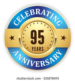 Gold celebrating 95 years, anniversary badge with blue border