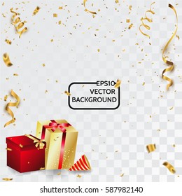 Gold celebration background with confetti. gift party popper.