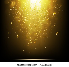 gold celebration background template with drop confetti and gold ribbons on gold ray light 