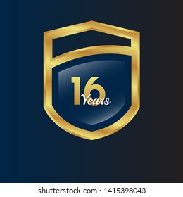 Gold celebration shield. 16 years anniversary.