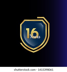 Gold celebration shield. 16 years anniversary.