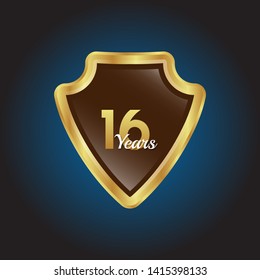 Gold celebration shield. 16 years anniversary.