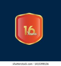 Gold celebration shield. 16 years anniversary.