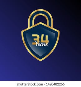 Gold celebration shield. 34 years anniversary.
