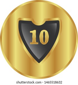 Gold celebration shield with number 10. vector illustration