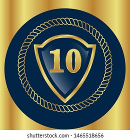 Gold celebration shield with number 10. vector illustration