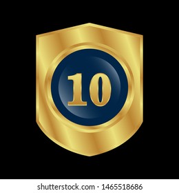 Gold celebration shield with number 10. vector illustration