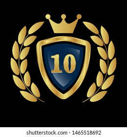 Gold celebration shield with number 10. vector illustration