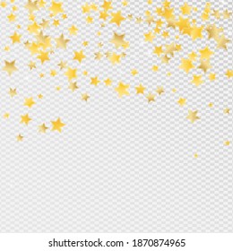Gold Celebration Stars Vector Transparent Background. Effect Starry Banner. Glitter Illustration. Yellow Galaxy Confetti Template.