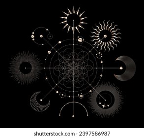  Gold celestial art  - visualization of sacred geometry vector templates - vector concept of divine cosmogonies symbols