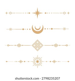 Gold celestial divider collection featuring crescent moon, star, sunburst and geometric ornamental elements for invitations, wedding stationery, branding, packaging, greeting cards.Vector illustration
