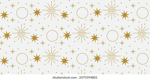 Gold celestial line art pattern on a white background, stars, and moon.