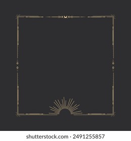 Gold celestial minimal esoteric frame, thin line border, mystyc linear decoration with dots, moon, stars corners isolated on dark background. Geometric shape, tarrot 