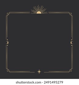 Gold celestial minimal esoteric frame, thin line border, mystyc linear decoration with dots, moon, stars corners isolated on dark background. Geometric shape, tarrot 