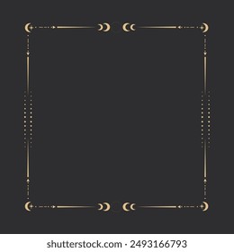 Gold celestial minimal esoteric frame, thin line border, mystyc linear decoration with dots, moon, stars corners isolated on dark background. Geometric shape, tarrot 