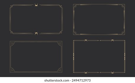 Gold celestial minimal esoteric frame, thin line border, mystyc linear decoration with dots, moon, stars corners isolated on dark background. Geometric shape, tarrot 