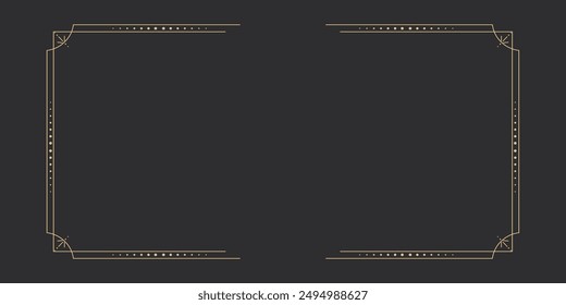 Gold celestial minimal esoteric frame, thin line border, mystyc linear decoration with dots, moon, stars corners isolated on dark background. Geometric shape, tarrot 