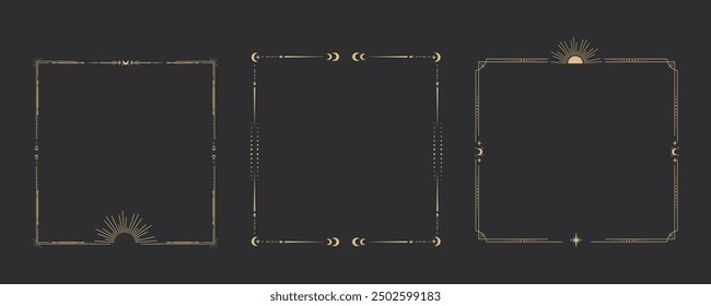 Marco esotérico mínimo celestial del oro, borde fino de la línea, decoración lineal mística con los puntos, luna, estrellas, esquinas aisladas en fondo oscuro. Forma geométrica, tarrot 