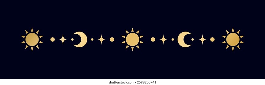 Gold celestial separator with sun, stars, moon phases, crescents. Ornate boho mystic divider decorative element