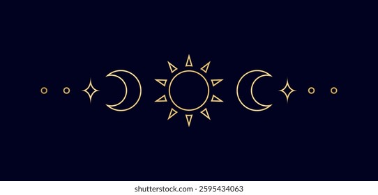 Gold celestial text divider with sun, stars, moon phases, crescents. Ornate boho mystic separator decorative element