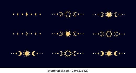 Gold celestial text divider with sun, stars, moon phases, crescents. Ornate boho mystic separator decorative element