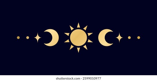 Gold celestial text divider with sun, stars, moon phases, crescents. Ornate boho mystic separator decorative element