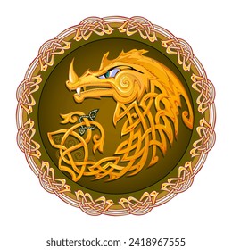 Gold Celtic dragon. Ancient Irish symbol. Ethnic magic sign. Celtic knot pattern. Old Nordic decorative vintage. Print for logo, icon, coin, tattoo. Circle decoration. Vector illustration.