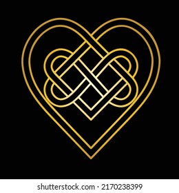 Gold Celtic heart knot symbol of Eternity, everlasting love, infinity heart  rune, tatoo, logo isolated on black background.
