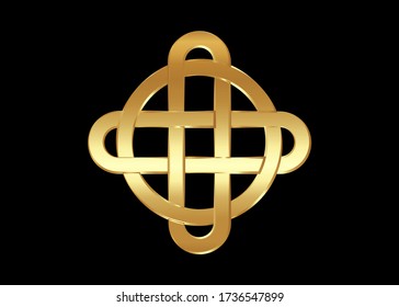 Nudo celta dorado, logotipo de círculos interbloqueados, símbolo del emblema del vector de lujo dorado aislado en fondo negro 